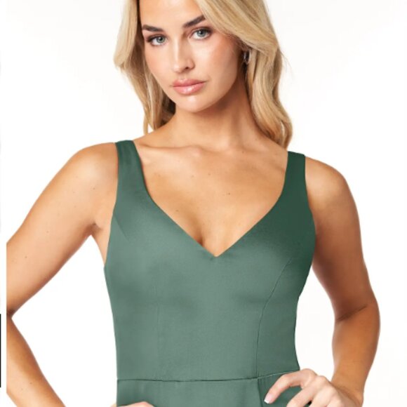 Azazie Jess Eucalyptus Sheath V-Neck Stretch Satin Dress Size A8 - Picture 5 of 10